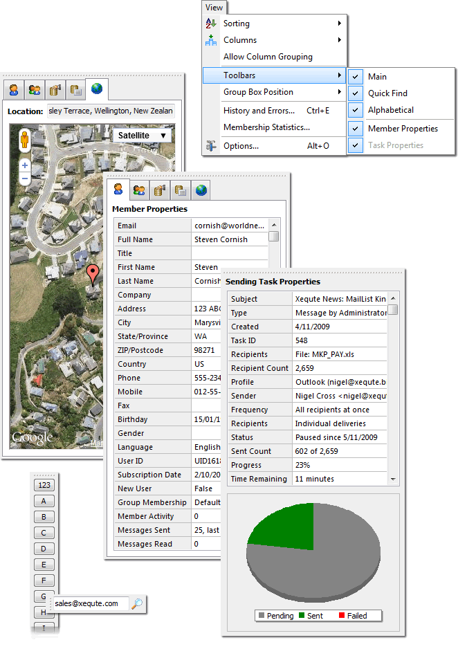 Find, Alphabet, Member Properties and Sending Properties Toolbars